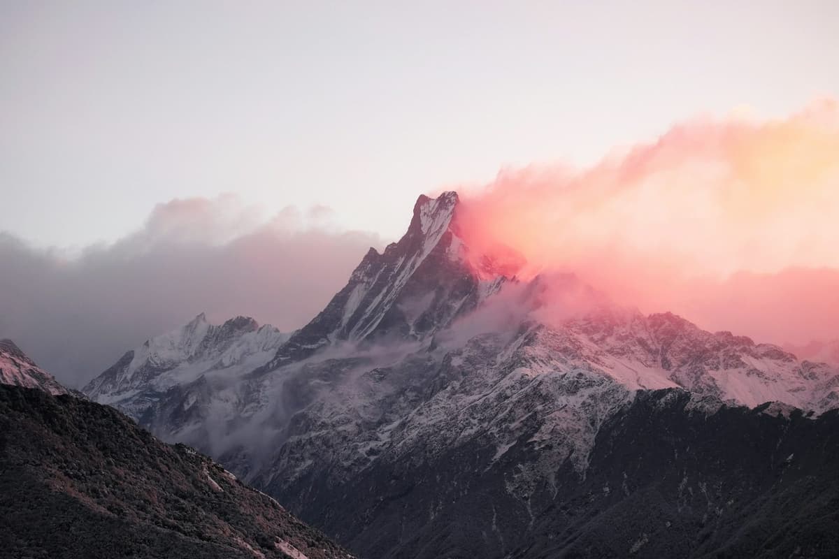 Machhapuchhre, the fishtail peak, glowing at dusk on the Annapurna Base Camp trek