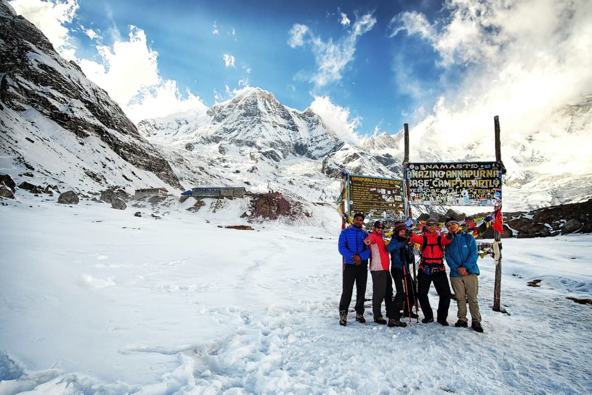 Trekkers at the welcome sign at 4,130 m, the goal of the Annapurna Base Camp trek