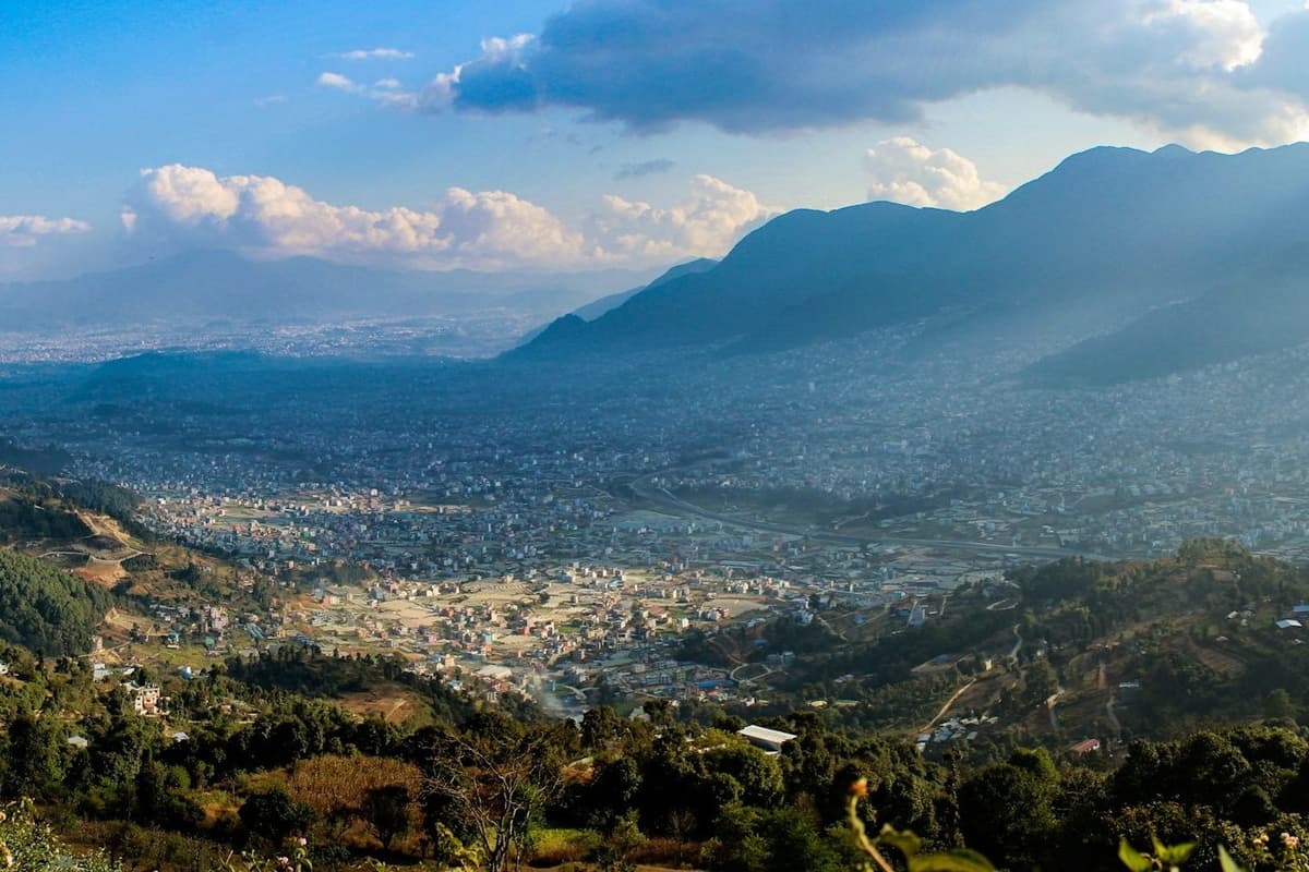 The Kathmandu Valley and its green hills from the ridge, the view on the way up the Shivapuri hike.