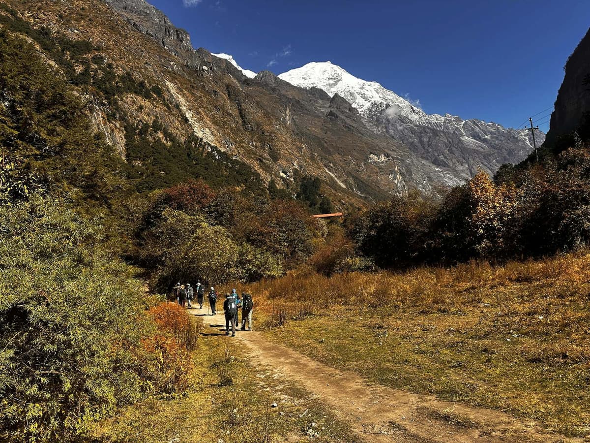 A group walking the valley trail below a cloud-wrapped peak on the Langtang Valley trek