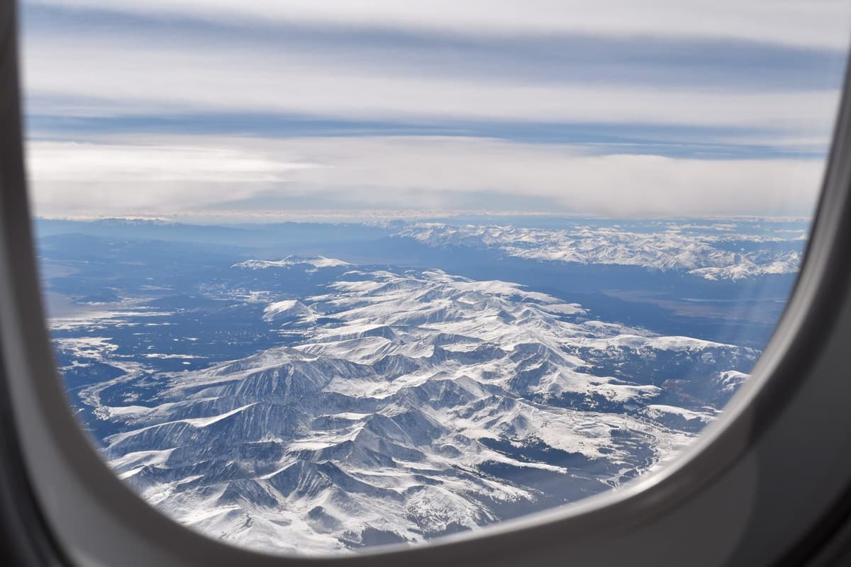 Snow-covered peaks seen from a window seat, the kind of view every passenger gets on the Everest mountain flight from Kathmandu.