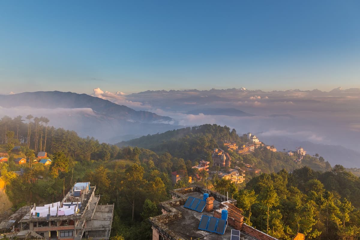 The Himalaya rising behind the Nagarkot hillside, a view that rewards the Changu Narayan to Nagarkot hike.