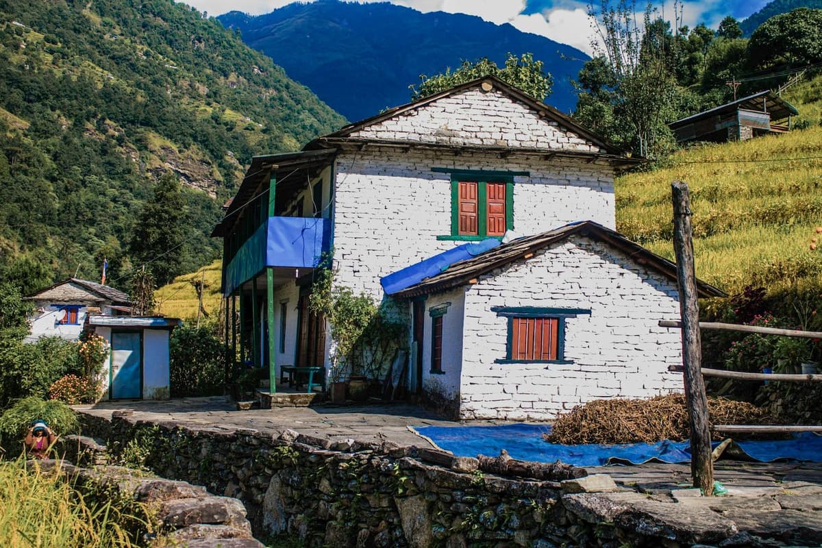 Stone village house in the Annapurna foothills on the Annapurna Circuit and Poon Hill trek with Tilicho Lake