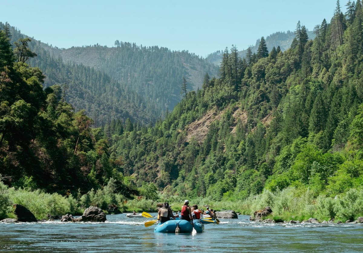 Rafts drifting down a calm green stretch of river through a forested gorge on the Sukute Beach rafting trip