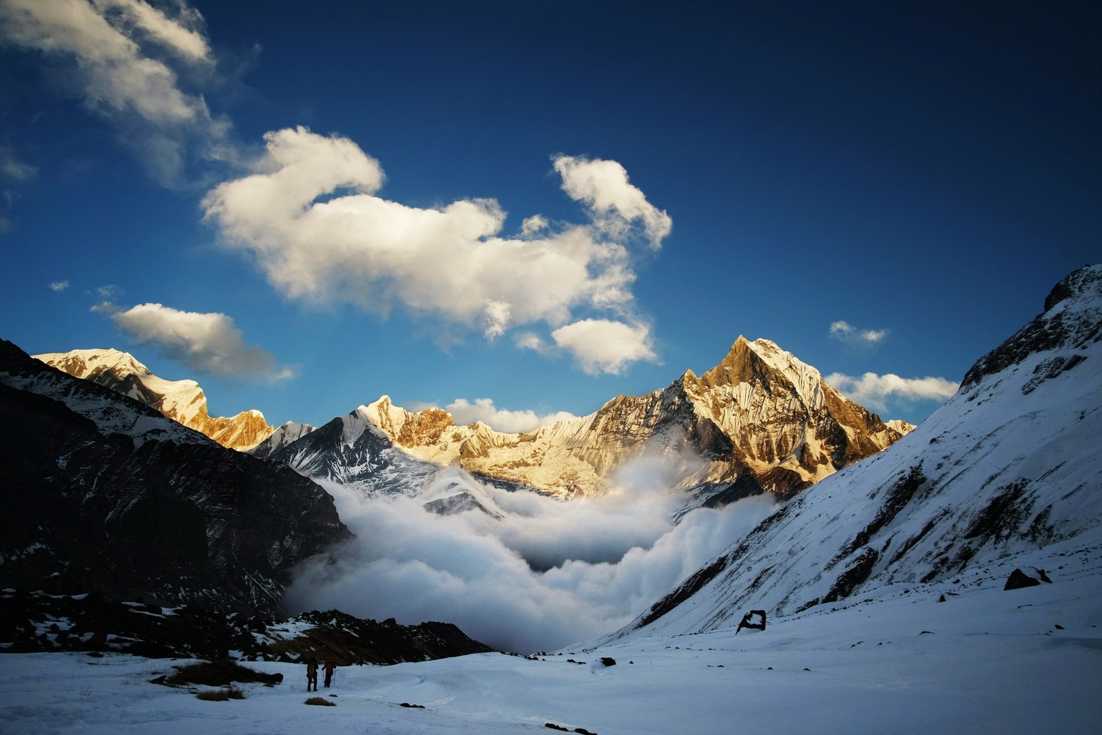 Sunrise over the peaks at base camp on the Annapurna Base Camp trek, Nepal