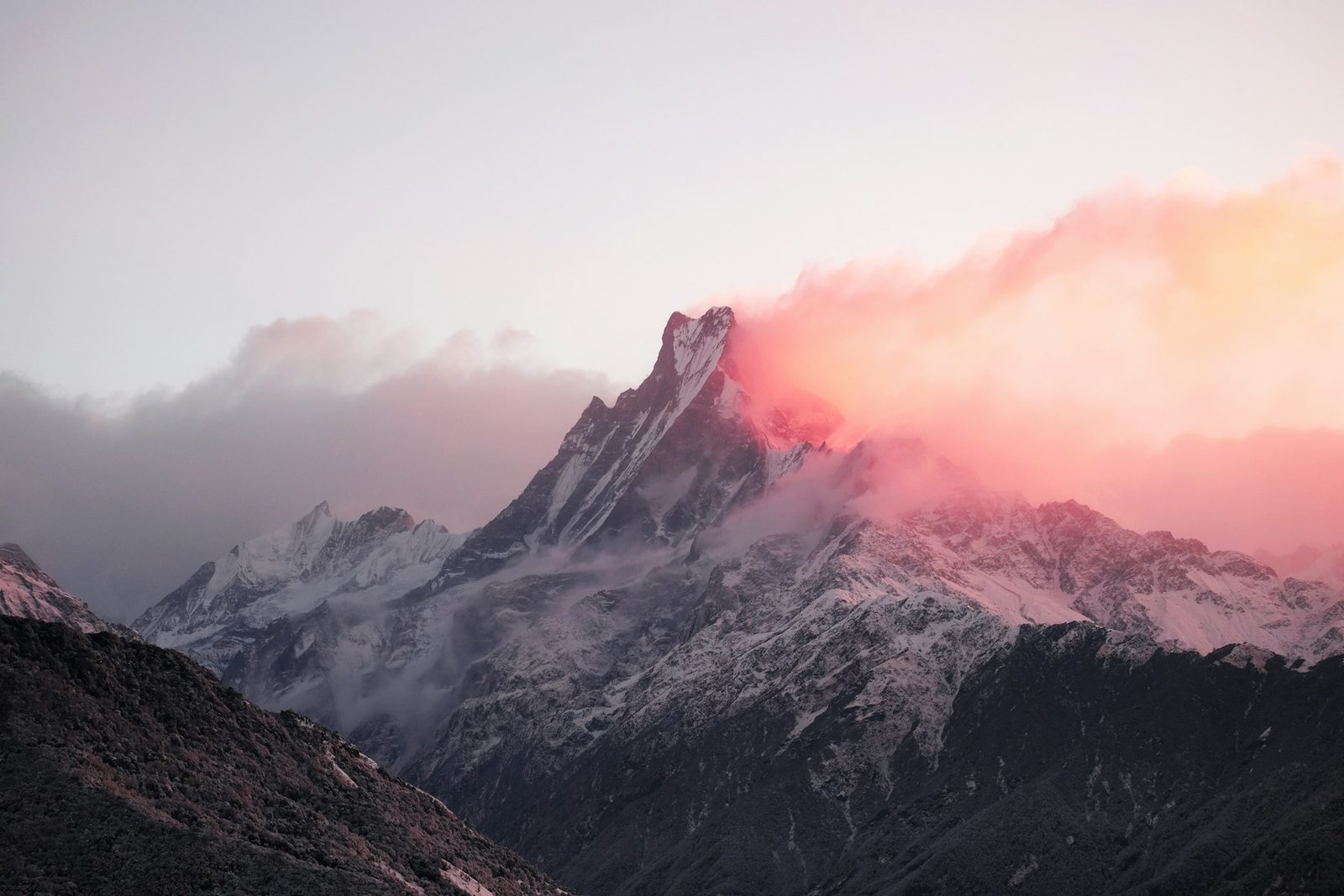 Machhapuchhre, the fishtail peak, glowing at dusk on the Annapurna Base Camp trek