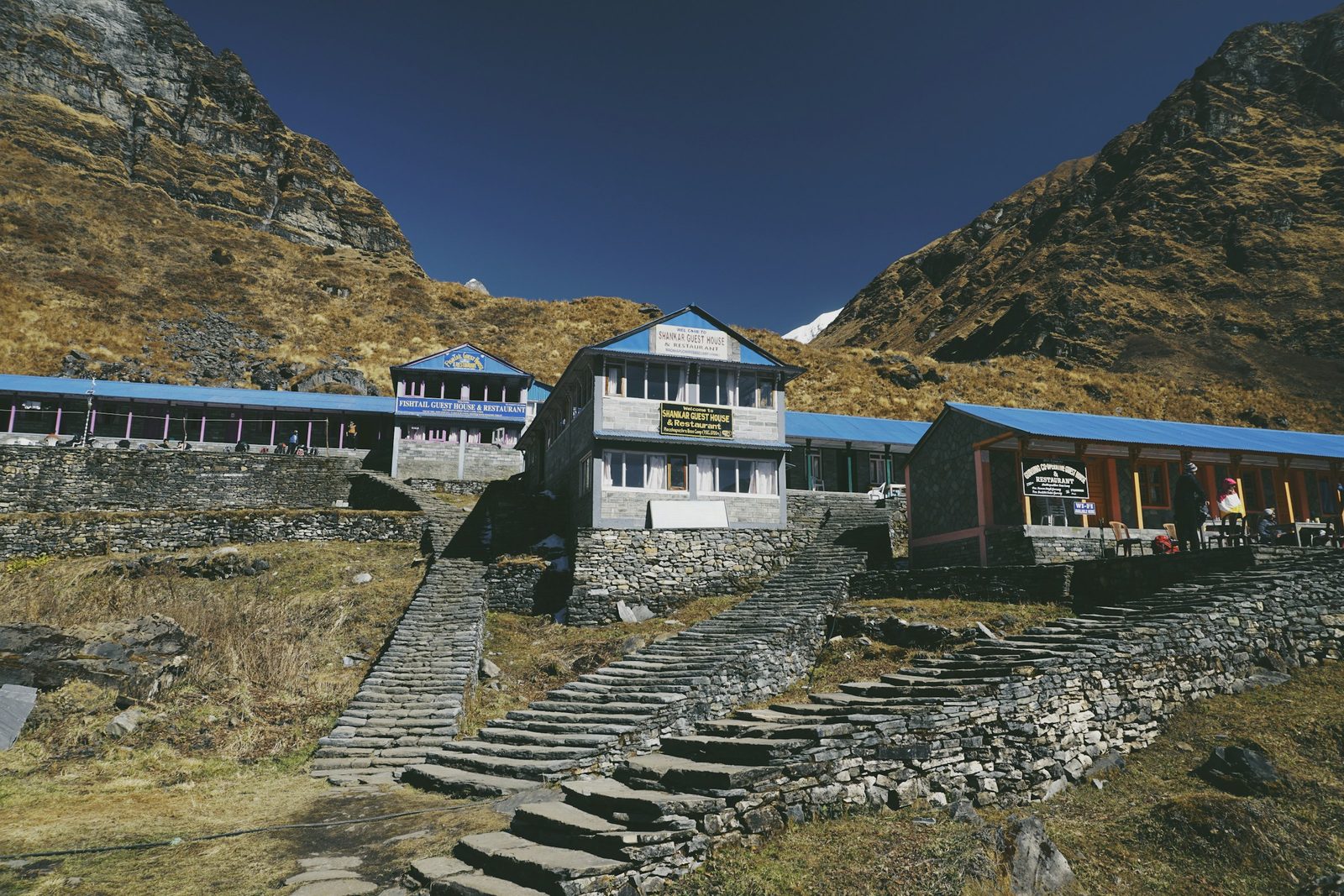 Teahouse lodges and stone steps along the Annapurna Base Camp trek
