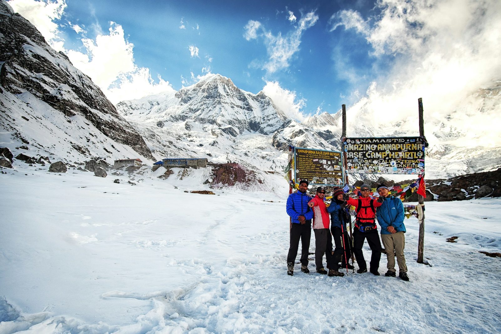 Trekkers at the welcome sign at 4,130 m, the goal of the Annapurna Base Camp trek