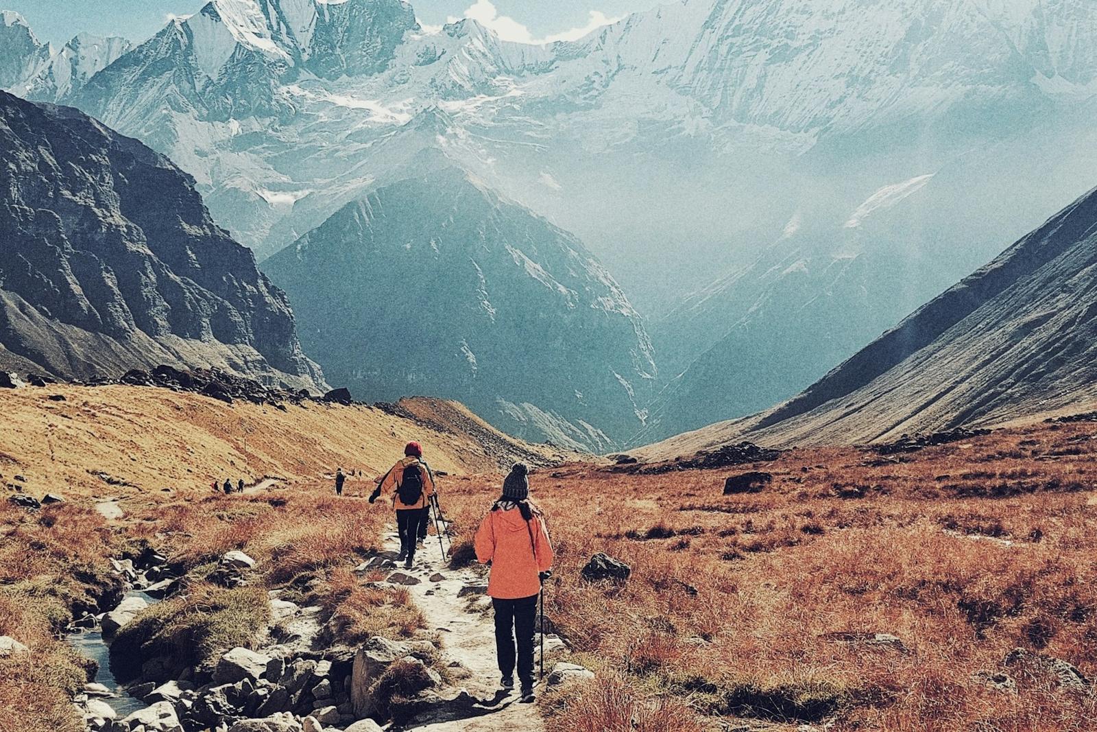 Trekkers walking up the valley into the Annapurna Sanctuary on the Annapurna Base Camp trek