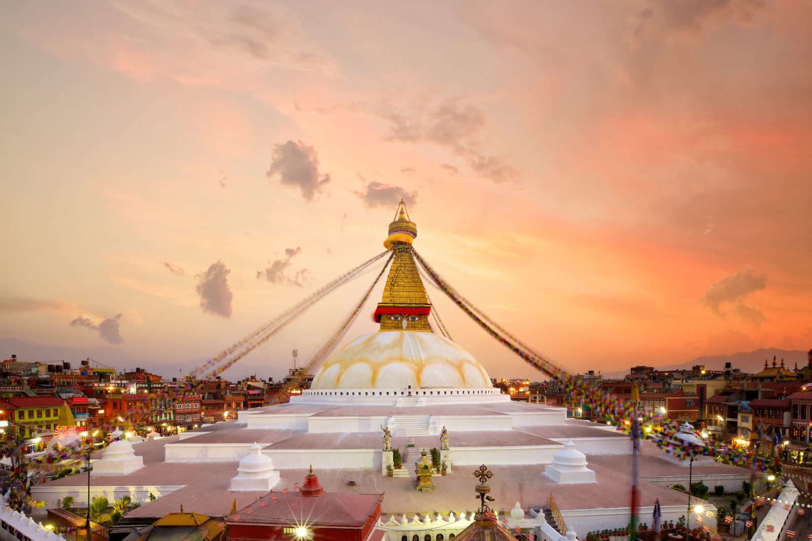 Boudhanath stupa at sunset on the Bandipur Pokhara Kathmandu tour