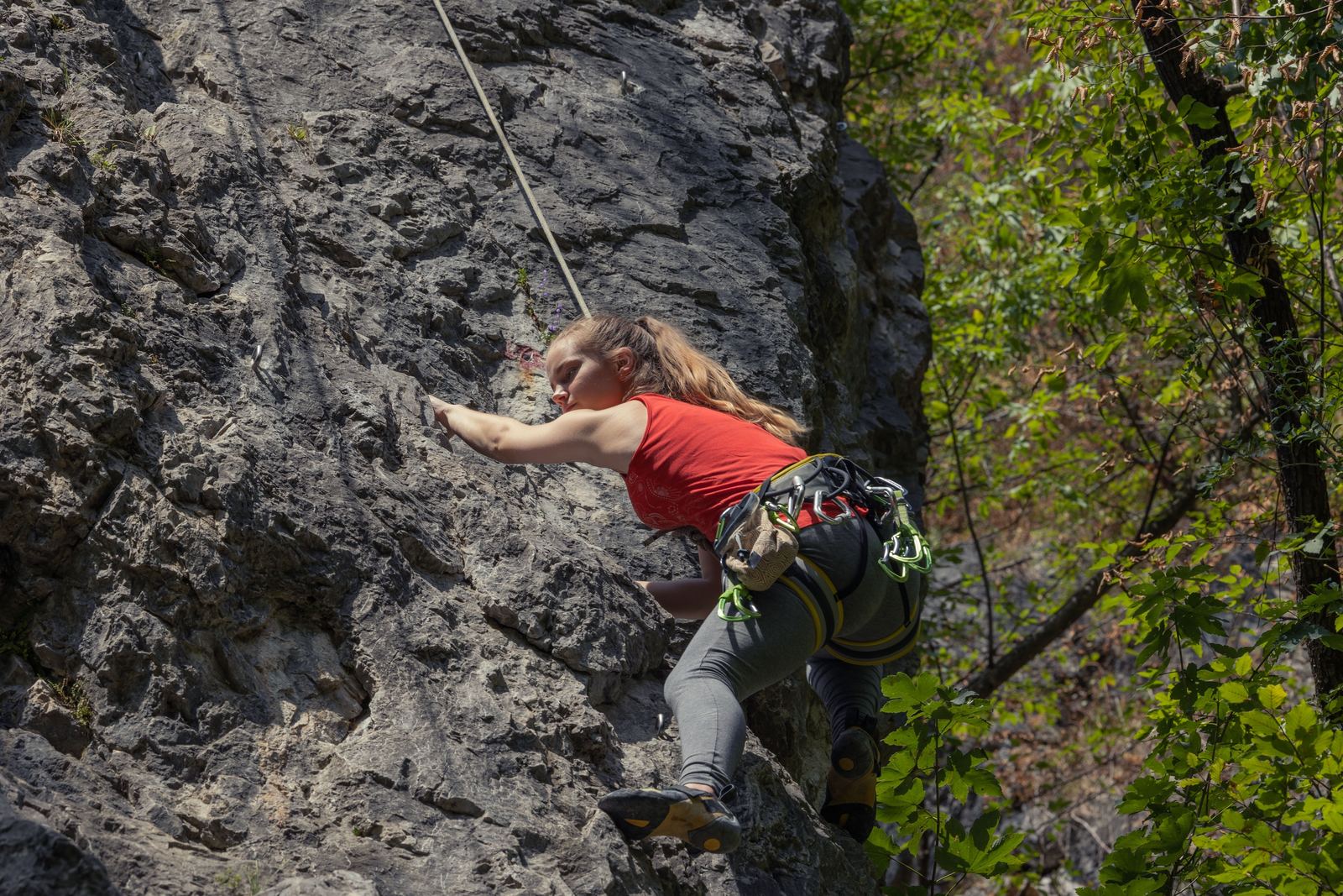 A climber on a top rope on a forest-edged rock face, the style of outdoor route on this day of rock climbing near Kathmandu.