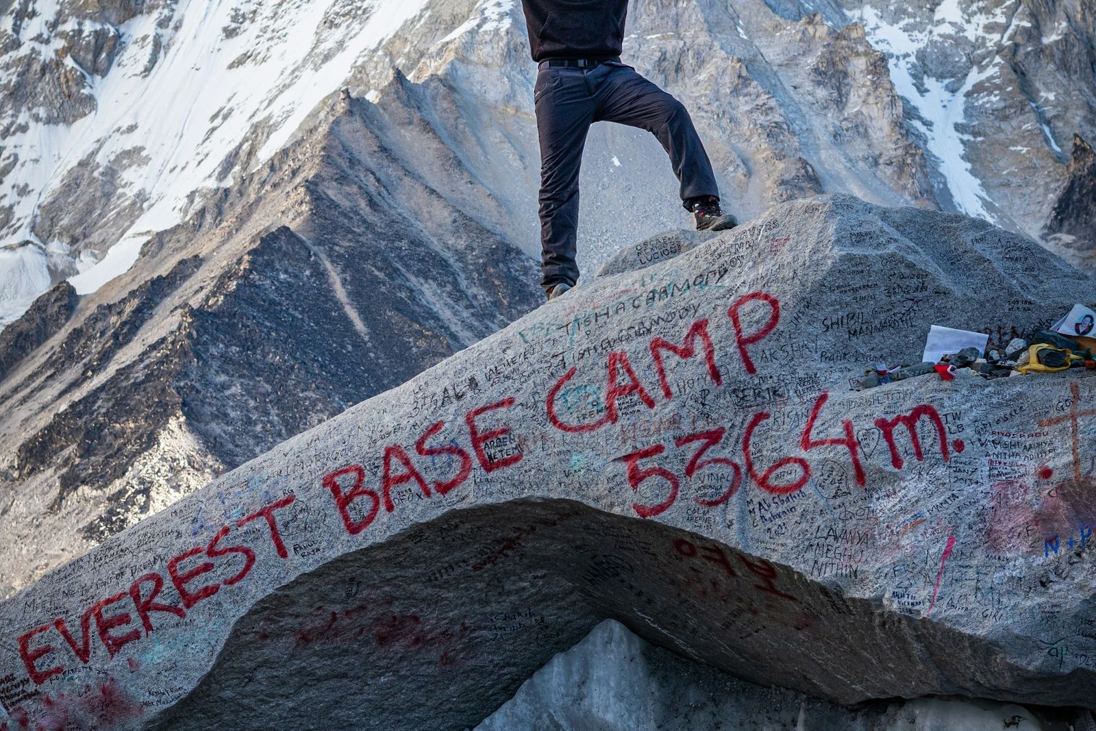 The Everest Base Camp 5,364 m marker rock, the high point of the Everest Base Camp trek