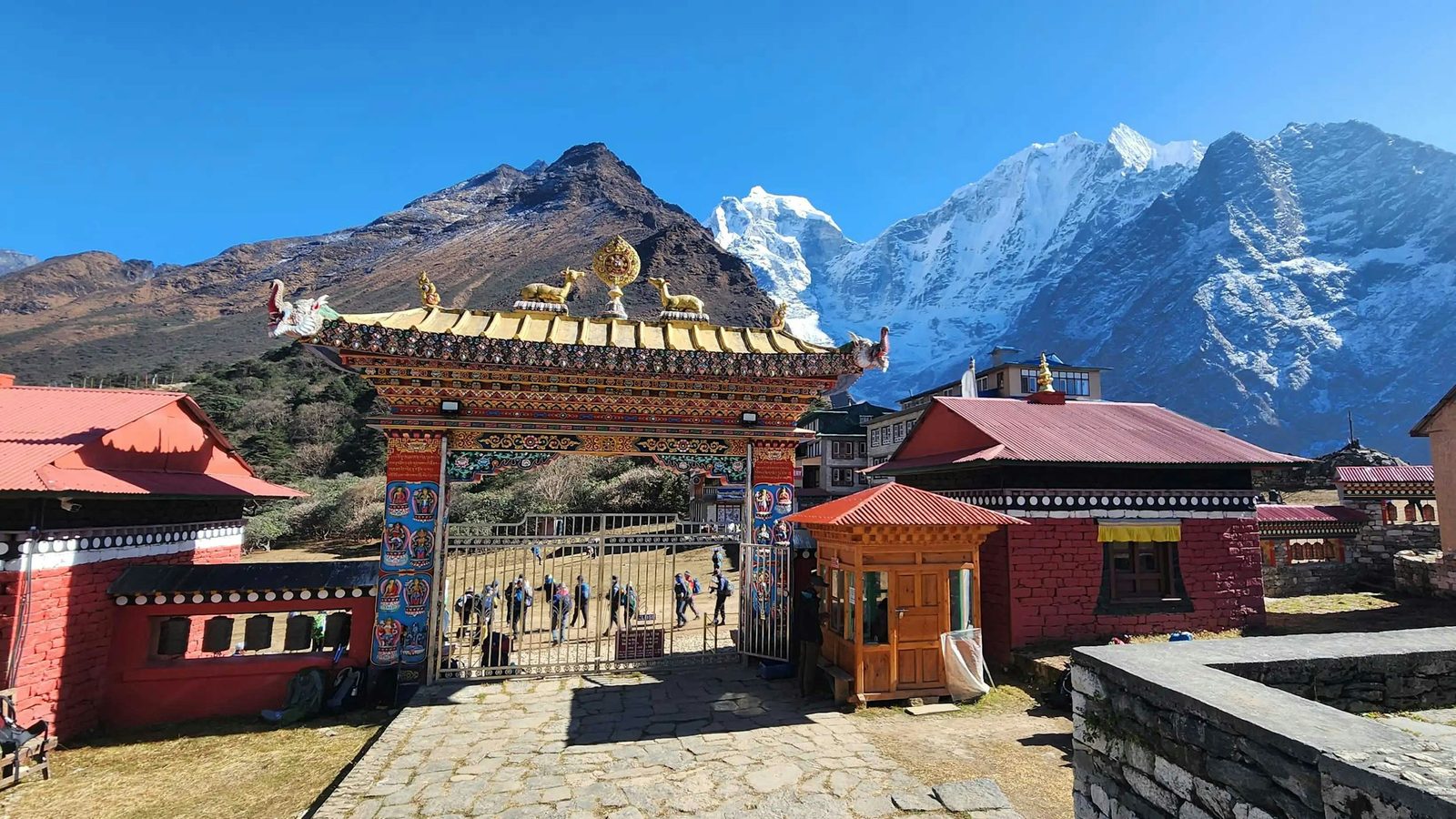 Tengboche monastery gate beneath the peaks on the Everest Base Camp trek