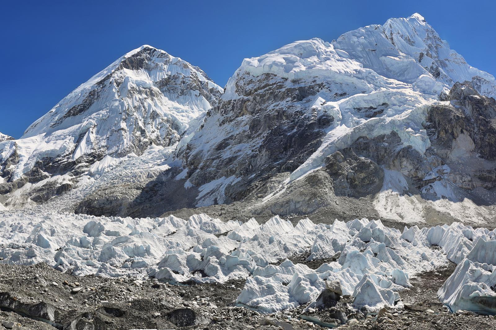 Everest Base Camp and the Khumbu icefall below Nuptse, seen on the way to Kala Patthar on the Everest helicopter tour.