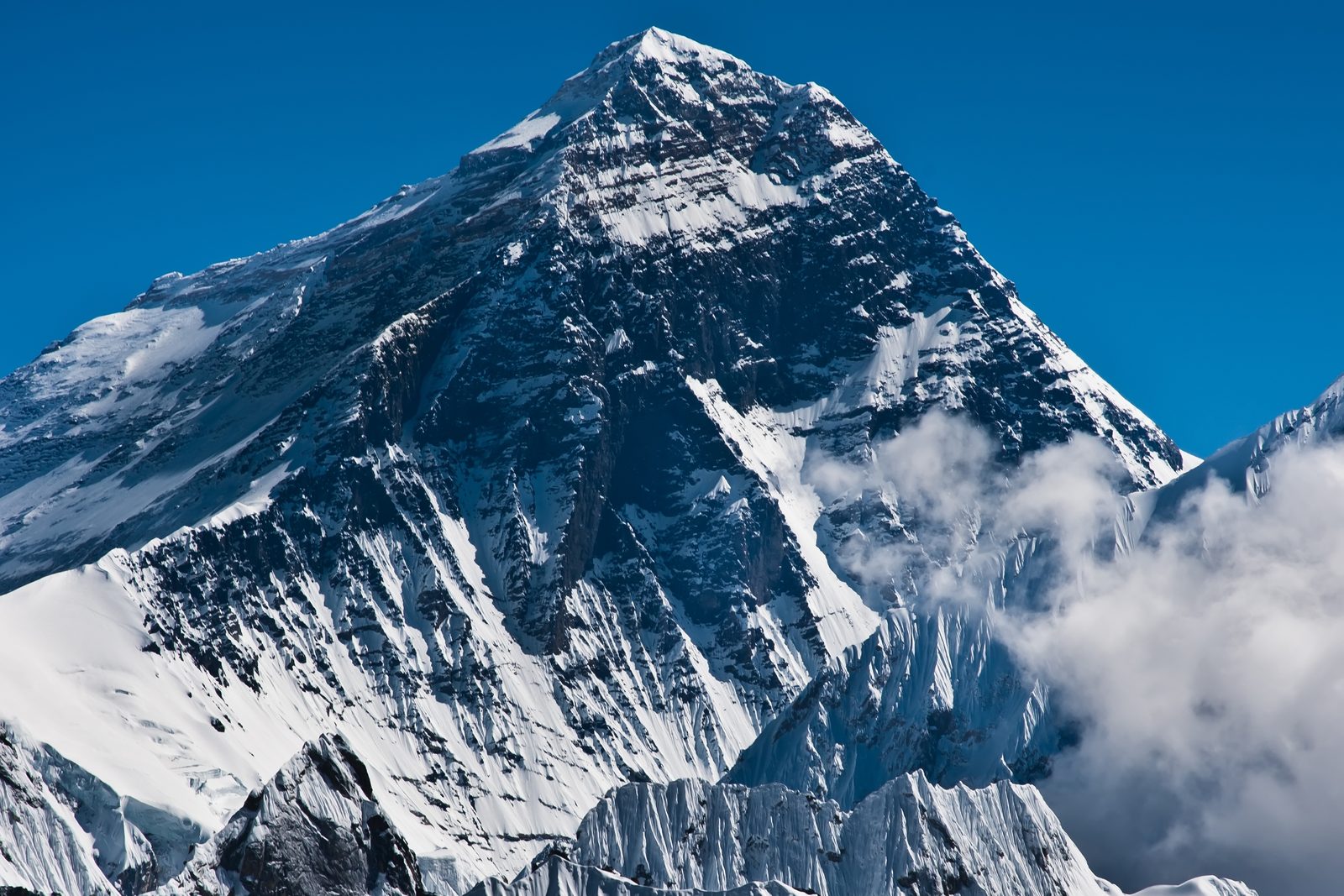 Mount Everest's summit pyramid rising above the clouds, the view from the Kala Patthar landing on the Everest helicopter tour.