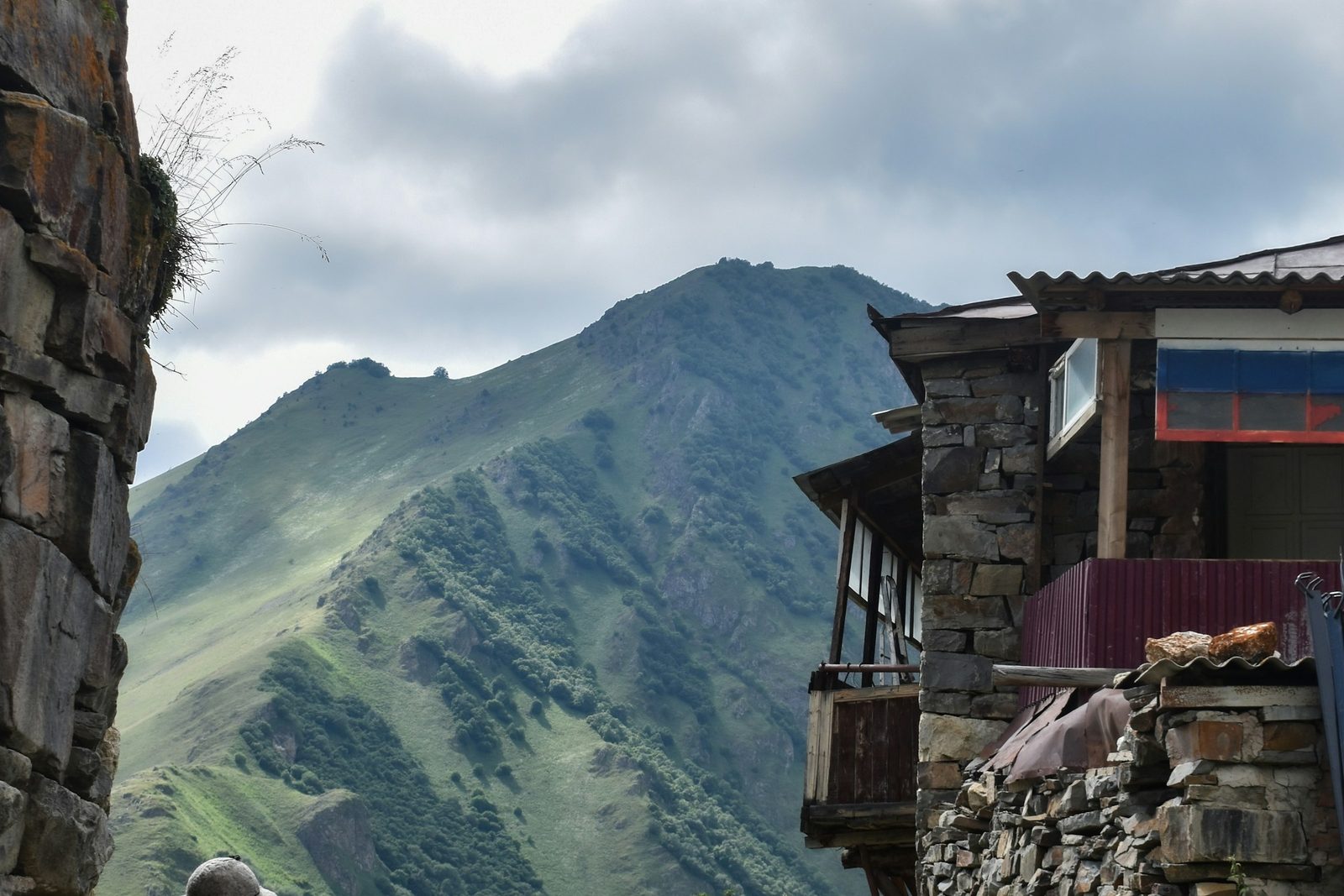 Stone and timber houses on a steep green hillside on the Tamang Heritage Trail and Langtang Valley trek