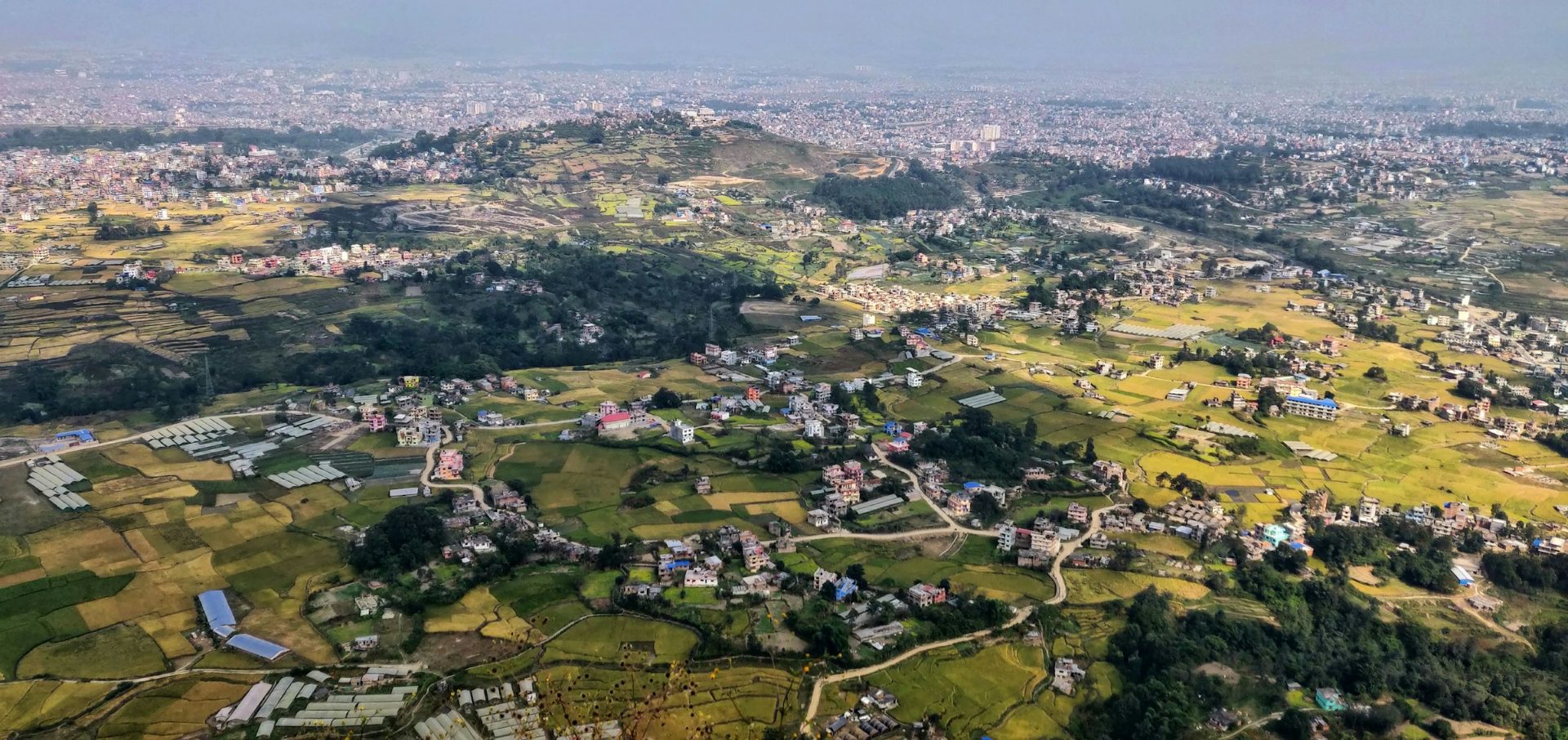 Fields and villages of the Kathmandu Valley from the rim hills