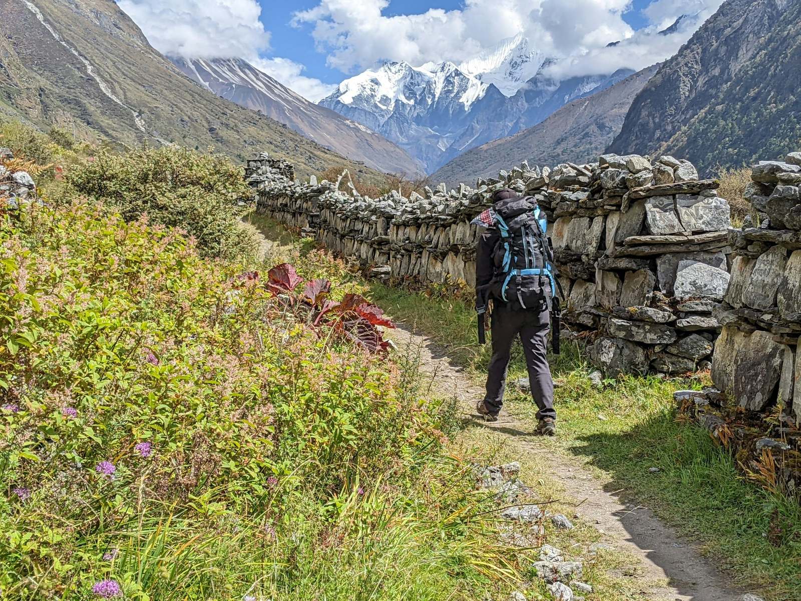 A trekker on a stone-walled village path in the Langtang valley on the Langtang Valley trek