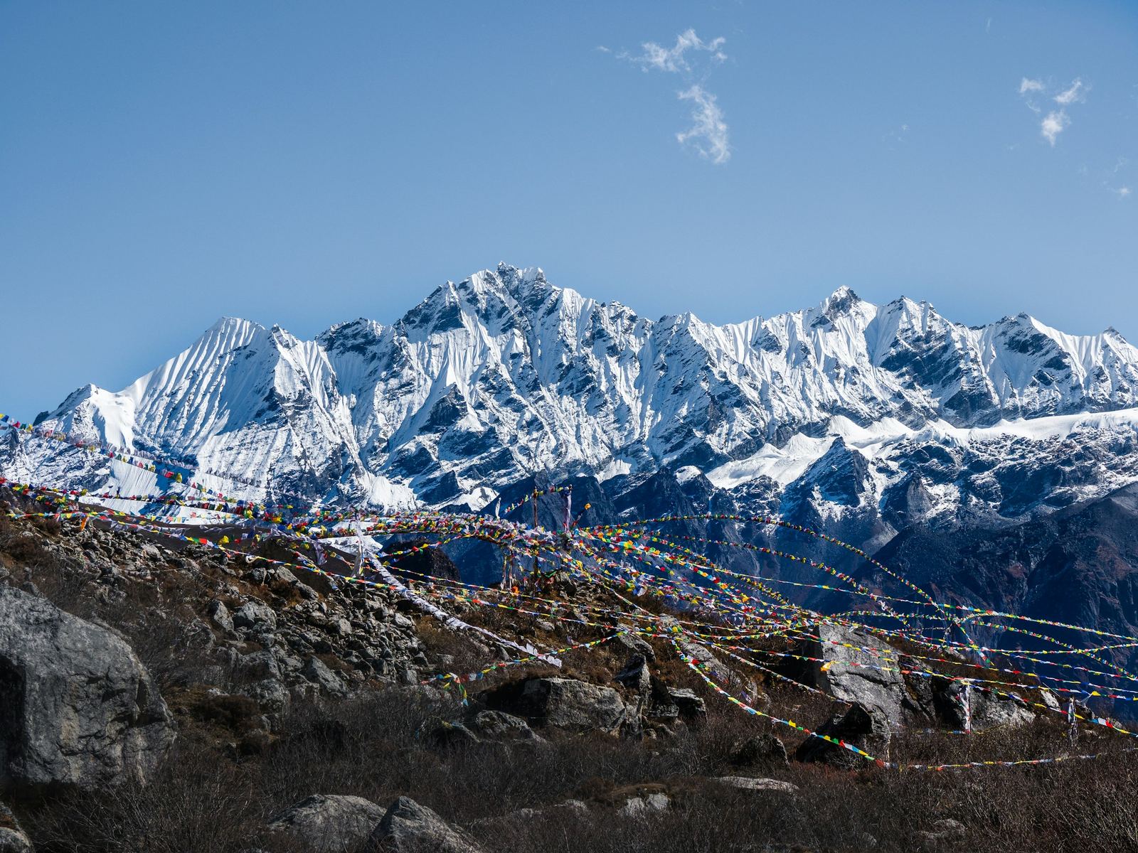 Snow peaks of the Langtang range rising above the valley on the Langtang Valley trek