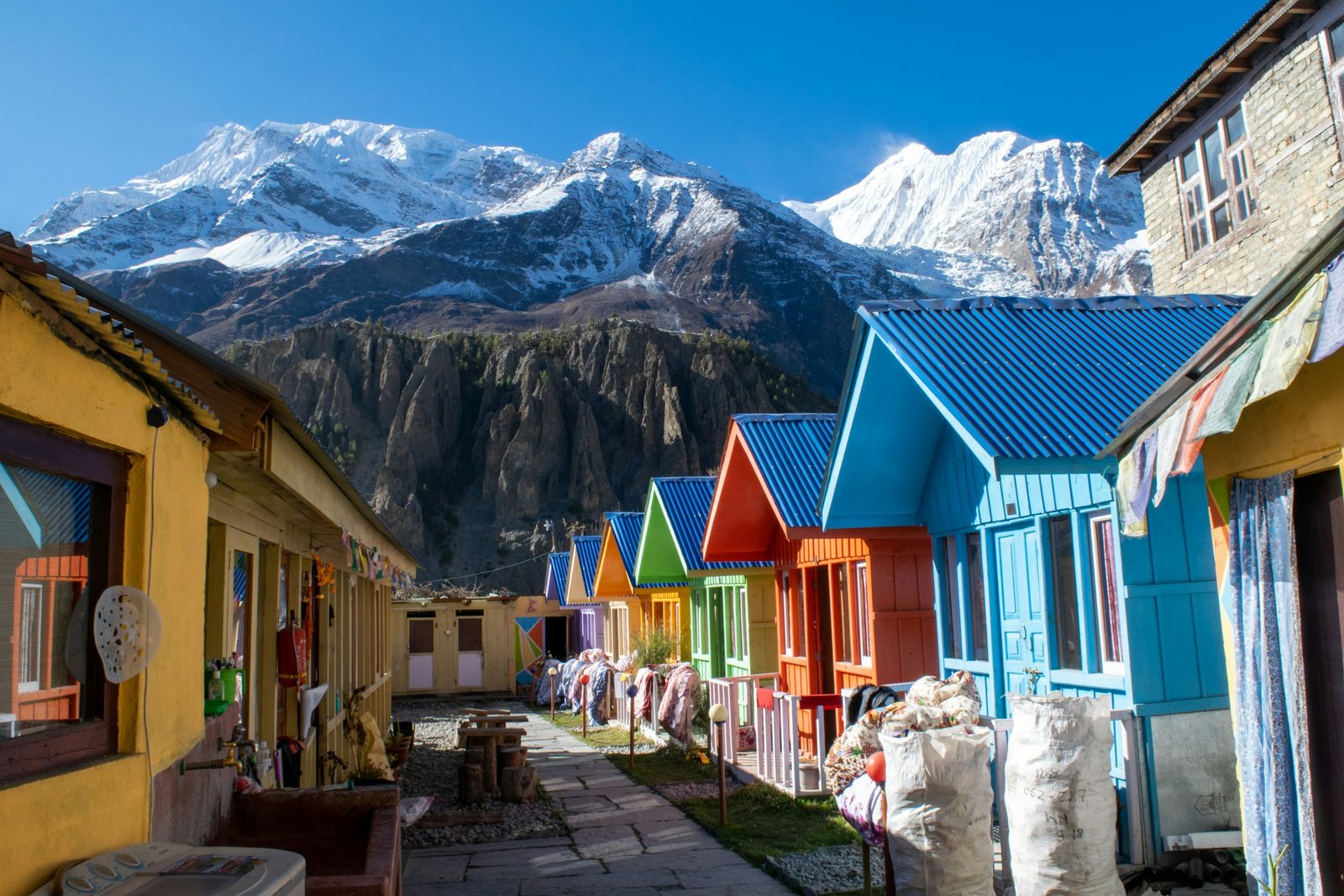 Stone houses in a Manang village on the Annapurna Circuit trek with Tilicho Lake from Kathmandu