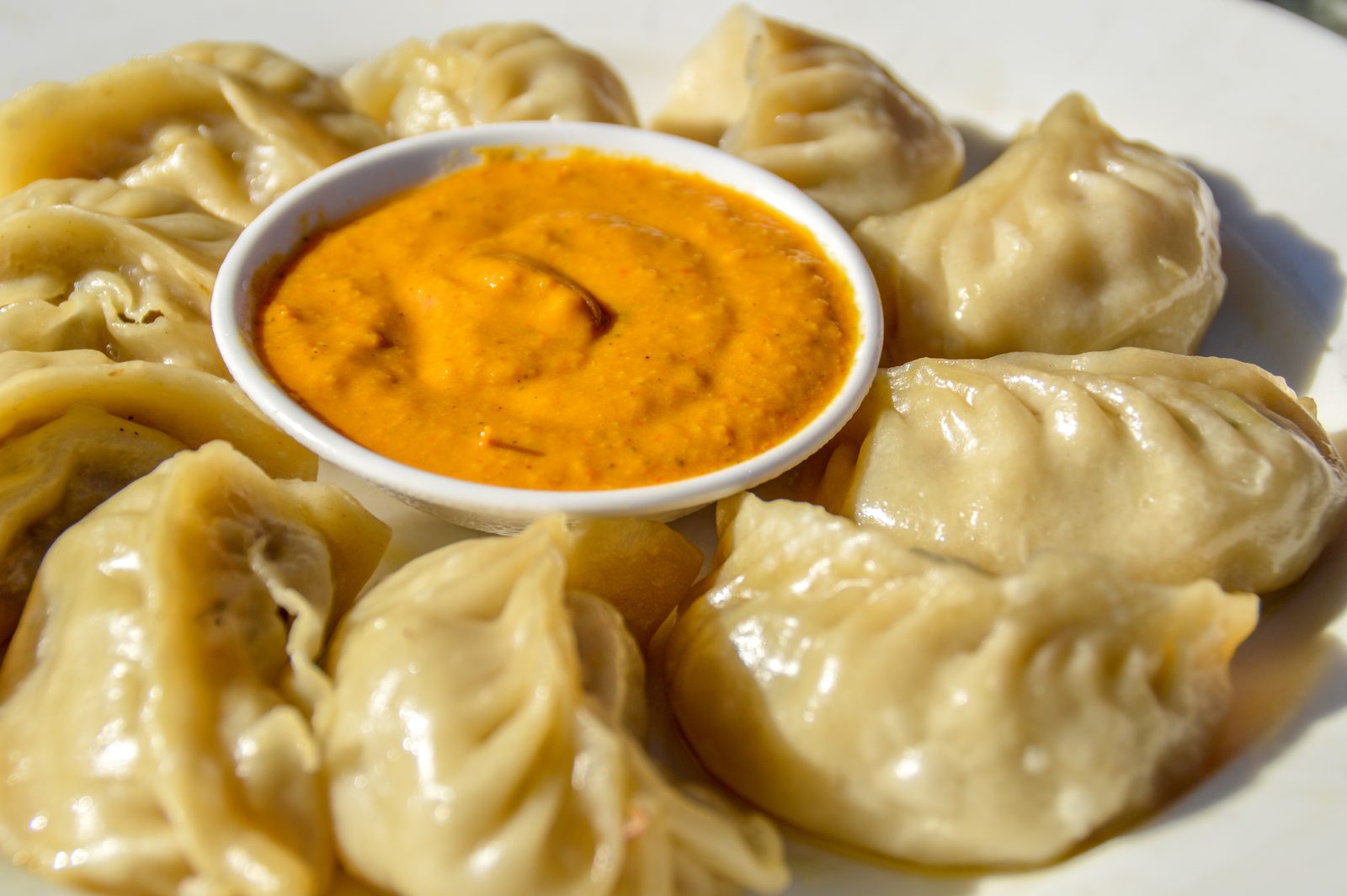 Traditional Nepalese momo with a bowl of sesame and tomato sauce, made from scratch on the momo making class.