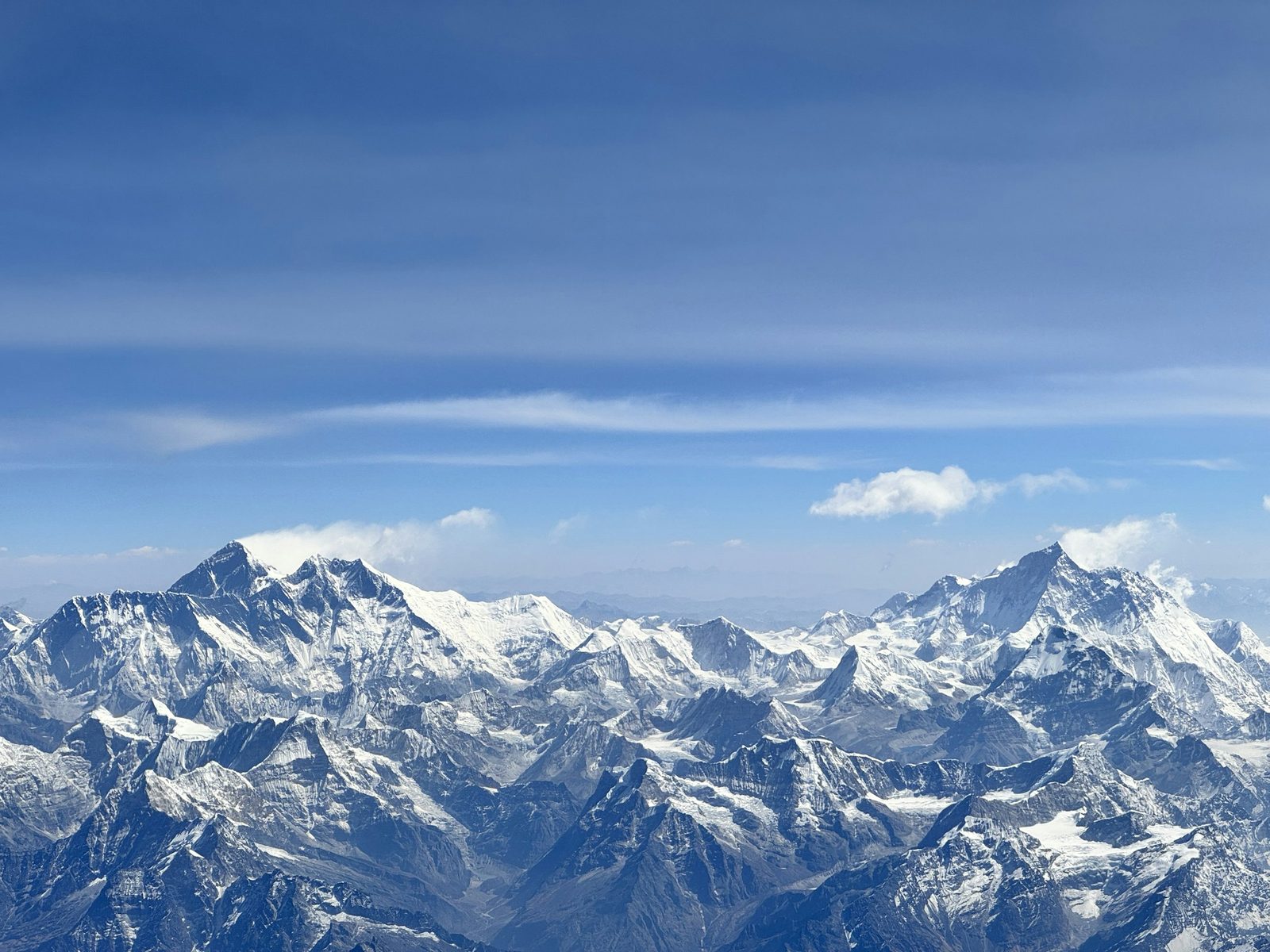 Mount Everest and Lhotse from the air on the Everest mountain flight from Kathmandu
