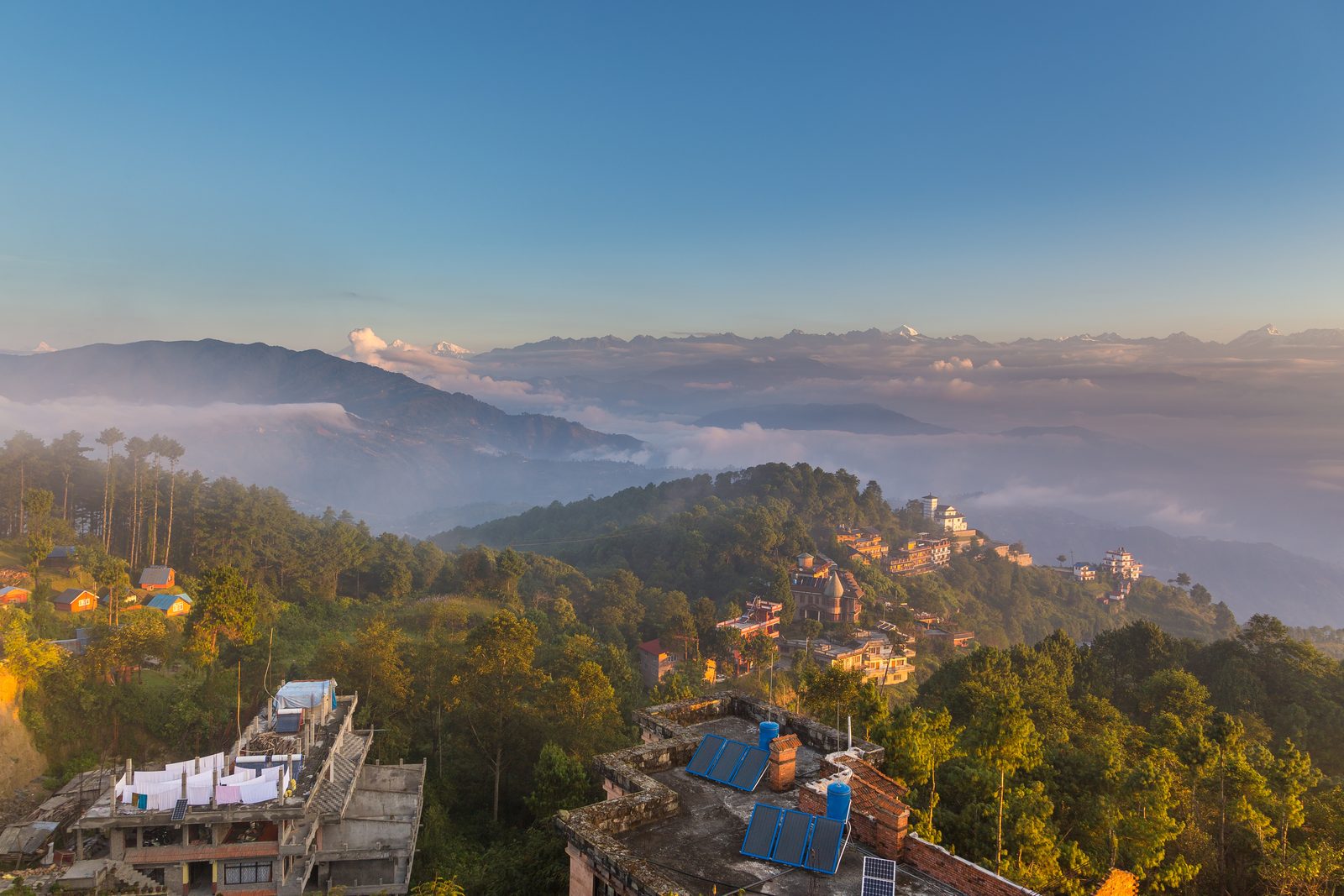 The Himalaya rising behind the Nagarkot hillside, a view that rewards the Changu Narayan to Nagarkot hike.