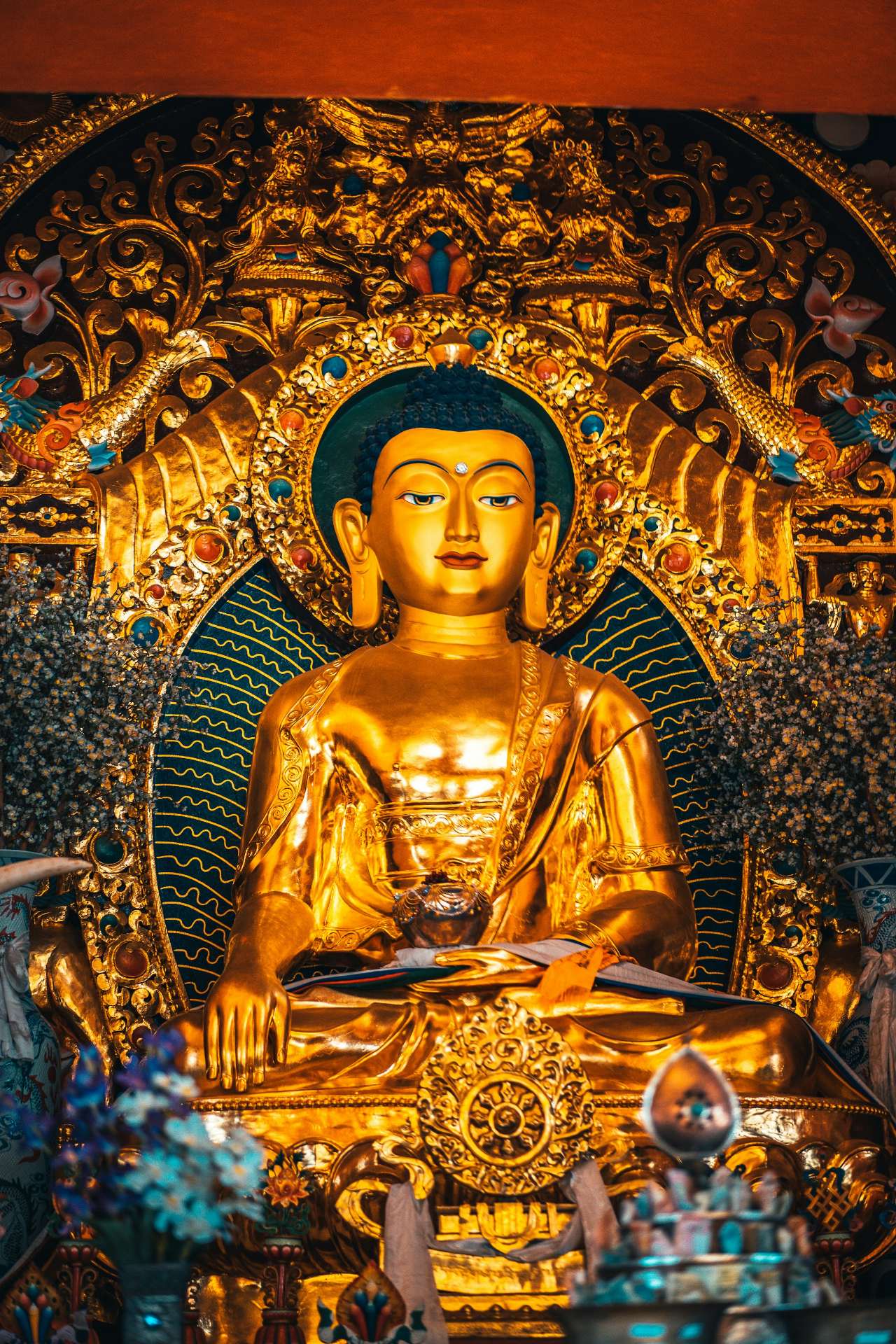 Golden Buddha inside Thrangu Tashi Yangtse monastery at Namobuddha
