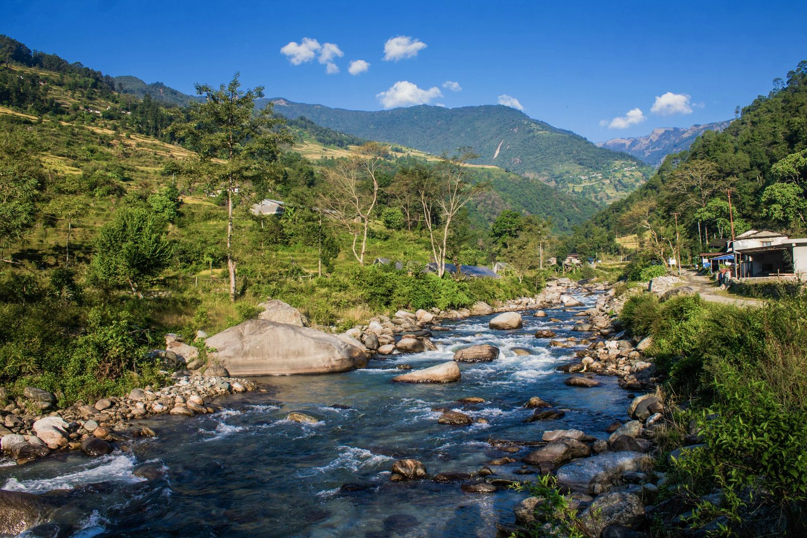 River and green valley along the trail on the Poon Hill trek
